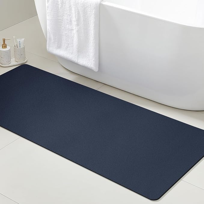 Ultra Thin Non-Slip Bath Mat Fit Under Door, Upgrade Backing Non Slip Bath Mat, Quick Dry Ultra Absorbent Bathroom Rugs, Machine Washable Bath Mats for Bathroom, Bathtub & Kitchen, Dark Blue, 59"x20"