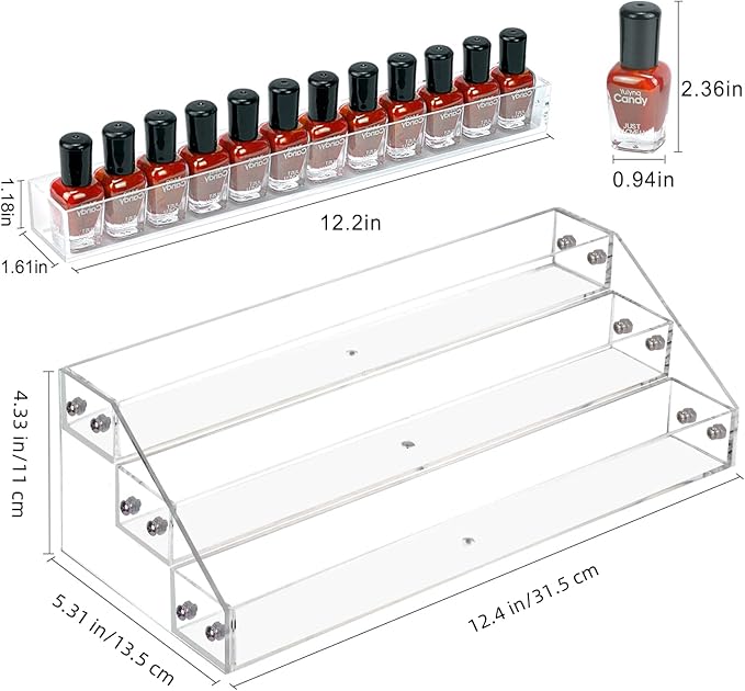 3 Packs Clear Nail Polish Organizer Holder Shelf Rack, Acrylic Display Stand For Sunglasses Paint Essential Oils, Makeup Holder, Nail Poliahes Storage to 36 Bottles (Fit 1-2oz Bottles)