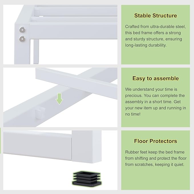 EMODA 12 Inch White Queen Bed Frame, Metal Queen Platform Bed Frame No Box Spring Needed, Heavy Duty Steel Slats Support, Easy Assembly, Noise Free