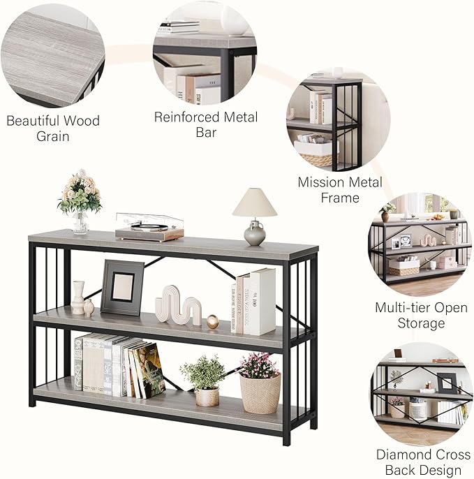 LVB Farmhouse Entryway Table, Metal Wood Console Table for Hallway, Industrial Rustic Sofa Table with 3-Tier Storage Shelf, Modern Entry Table for Foyer Front Home Living Room, Light Grey Oak, 47 inch