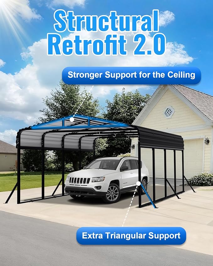 12x20 FT Metal Carport, Heavy Duty Carport with Reinforced Frame & Side Support Poles for All-Weather, Outdoor Car Port Suitable for Parking Pickup, Boat, Car, and Tractor