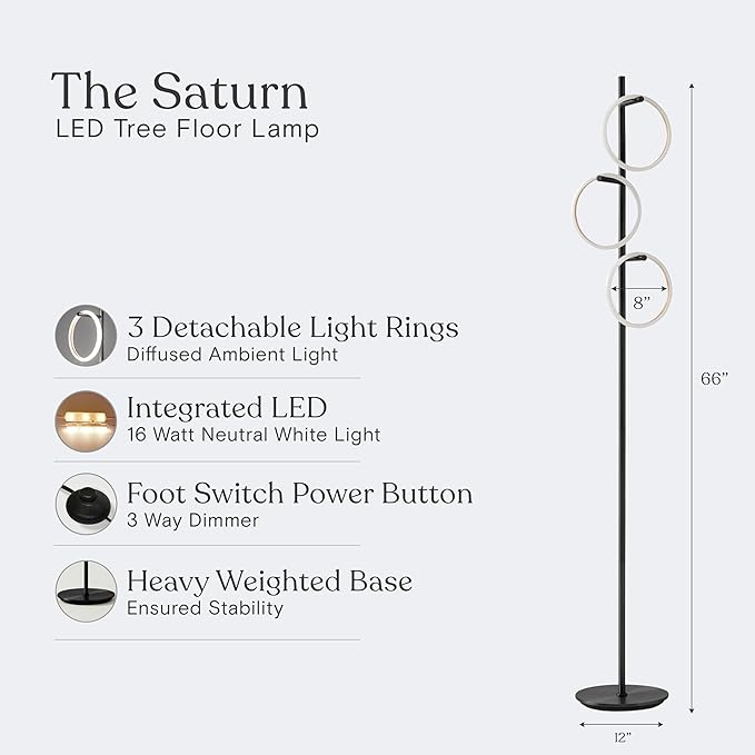Brightech Saturn LED Tree Floor Lamp - Unique Design Matches Modern and Contemporary Decor - 3 Light Standing Pole Lamp- Tall Light for Living Room, Bedroom, and Office - Black