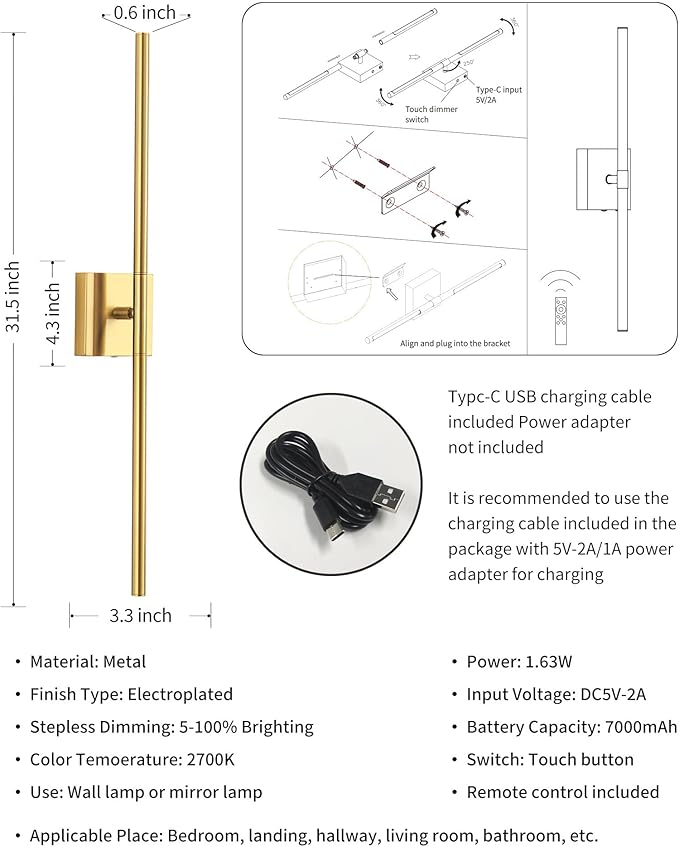 KDG Cordless Wall Sconces Set of 2, Wireless 7000mAh Rechargeable Battery Operated LED Wall Lamps with Remote, 360° Rotate Lightings for Wall Painting, Bedroom, Hallway, Night Light 31.5 inch (Gold)