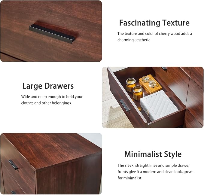 LIDYUK Dresser for Bedroom, Wood Dresser with 6 Drawers, Modern Minimalist Style Dressers & Chests of Drawers, 48 Inches Wide Chest of Drawers for Bedroom, Hallway, Living Room, Dark Cherry