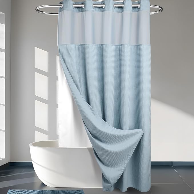 River Dream Heavyweight No Hooks Required Dotted Waffle Weave Shower Curtain with Snap in Liner -Extra Long 71W x 86H,Hotel Grade,Spa Like Bath Curtain,Blue