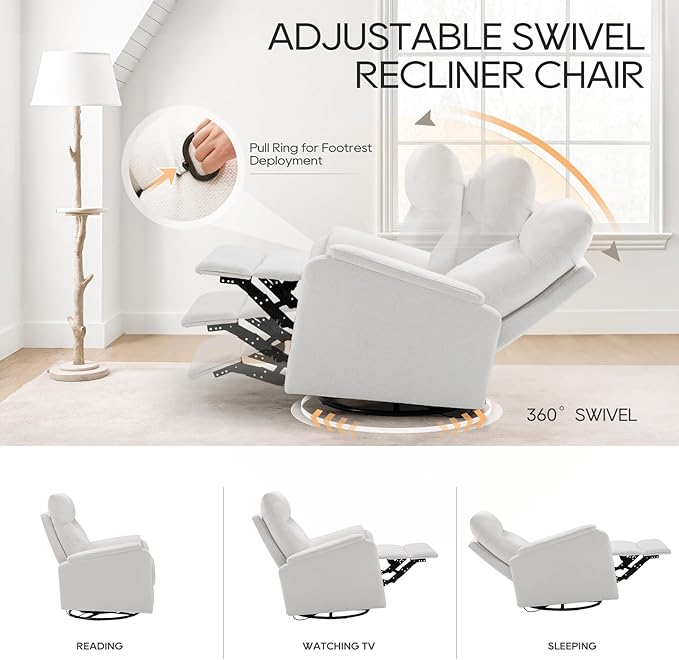 COLAMY Swivel Rocking Recliner Chair, Nursery Rocker Glider Recliner with Extra Large Footrest, Deep Seat, High Back, Upholstered Fabric Reclining Single Sofa for Living Room-White
