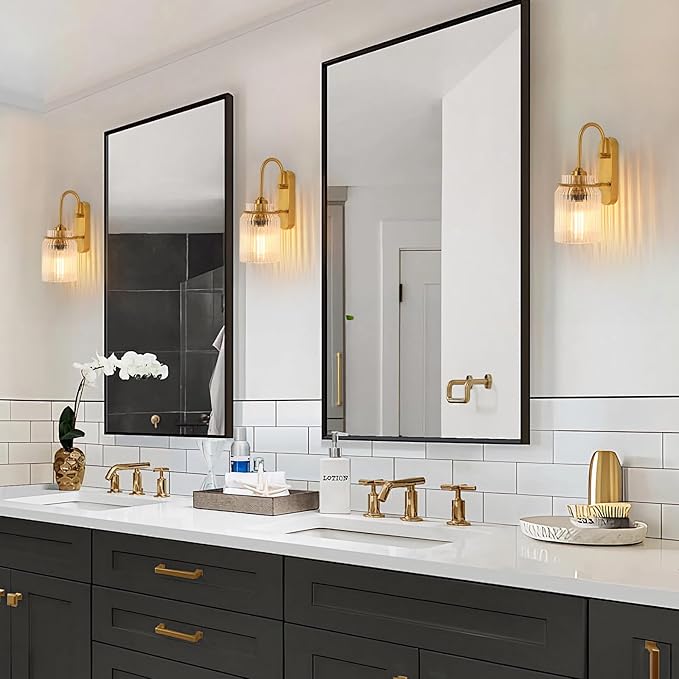 Gold Bathroom Sconces Set of 2, Modern Wall Sconce with Clear Glass Shade, Indoor Farmhouse Wall Sconce for Living Room, Bedroom, Hallway, Stairwell and Kitchen