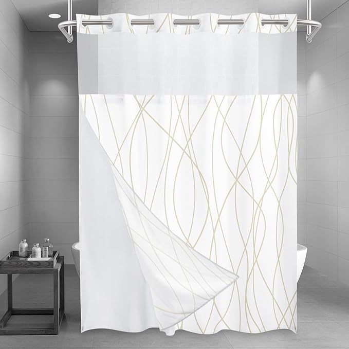 No Hook Beige Khaki Striped Long Shower Curtain with Snap in Fabric Liner Set - Hotel Shower Curtain and Liner Set with See Through Mesh Top Window,Machine Washable, 71x86 INCH