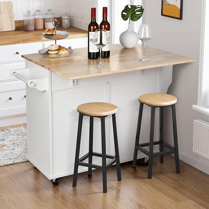 VOWNER 43" W Kitchen Island with Drop Leaf, Rolling Kitchen Island with Drawers, Floating Kitchen Cart with Spice Rack & Towel Rack, Portable Island Kitchen with Storage, Isla para Cocina (White)