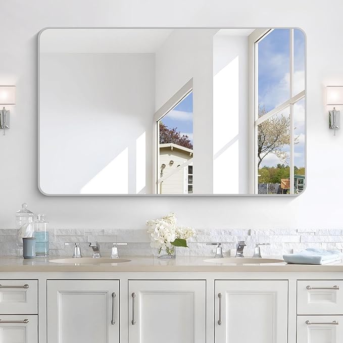 48x30 Inch Silver Bathroom Mirror, Metal Framed Silver Rectangle Mirrors, Rounded Rectangular Vanity Mirror, Wall Mounted Mirrors for Living Room Bedroom Entryway Hangs Horizontal or Vertical
