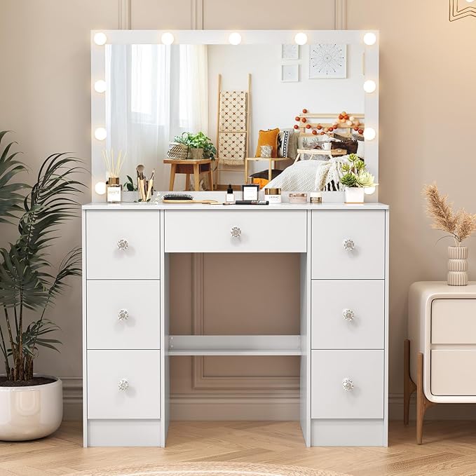 JBLCC Vanity Desk with Mirror and Lights, 39.4''W White Makeup Vanity with 3-Color Lighted Mirror, 7 Drawers & Open Shelves, Big Vanity Table for Bedroom, Girls & Women