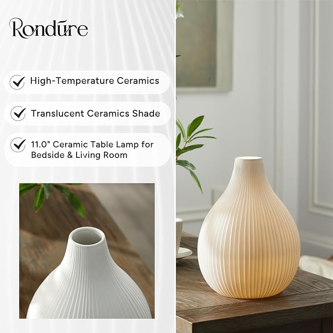RONDURE 11.0" Modern Ceramic Table Lamp, Modern Bedside Lamps for Bedroom, Living Room and Nightstand, White Translucent Ceramic Shade, Warm Ambient Lighting, Home Decor
