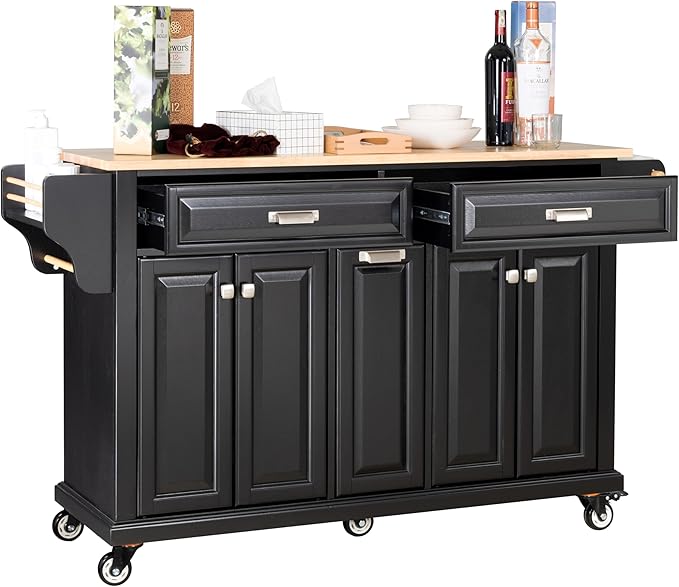 Cambridge Mobile Kitchen Island on Wheels with Storage and Wood top, Rolling Island with Spice Rack and Towel Holder, L60.5 x W18.13 x H36.75IN Island Table for Kitchen, (Black)
