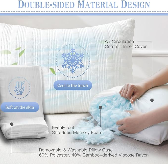 Meoflaw Cooling Pillows for Sleeping King Size,Shredded Memory Foam Bed Pillow with Double Sided Material Pillow Case,Adjustable Loft-Slow Rebound King Pillow for Side & Back Sleeper