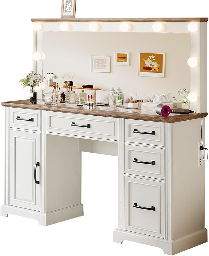 55'' Farmhouse Vanity Desk with Mirror and Lights, Large Makeup Table with Charging Station, Glass Tabletop & 5 Drawers, Rustic Dressing Table for Bedroom, Antique White