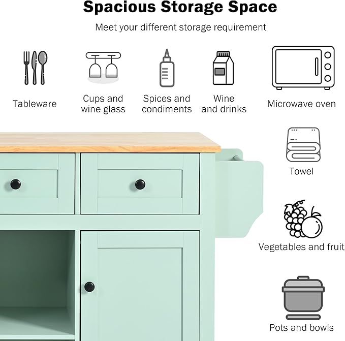 Kitchen Island Cart with Drop-Leaf Cabinet Door Internal Storage Rack 5 Wheels 3 Drawers for Kitchen, Dining Room, Bathroom 53.1" W*29.5" D*37.2" H Mint Green