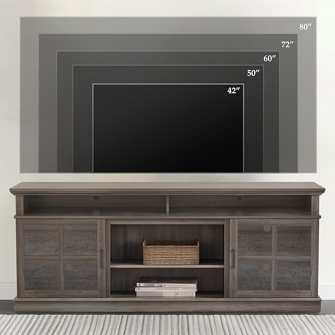 Fireplace TV Stand with Wood Glass Storage Cabinets, Farmhouse Entertainment Center for TVs up to 80", Mid Century Modern Media TV Console Table for Living Room Bedroom(Gray)