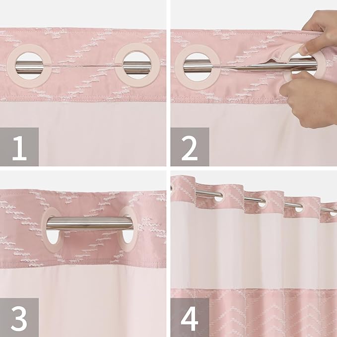 Blush Pink No Hook Shower Curtain with Snap-in Liner Set,Boho Modern Farmhouse White Tufted Chevron Striped Design,Woven Fabric Bathroom Curtain,71x74