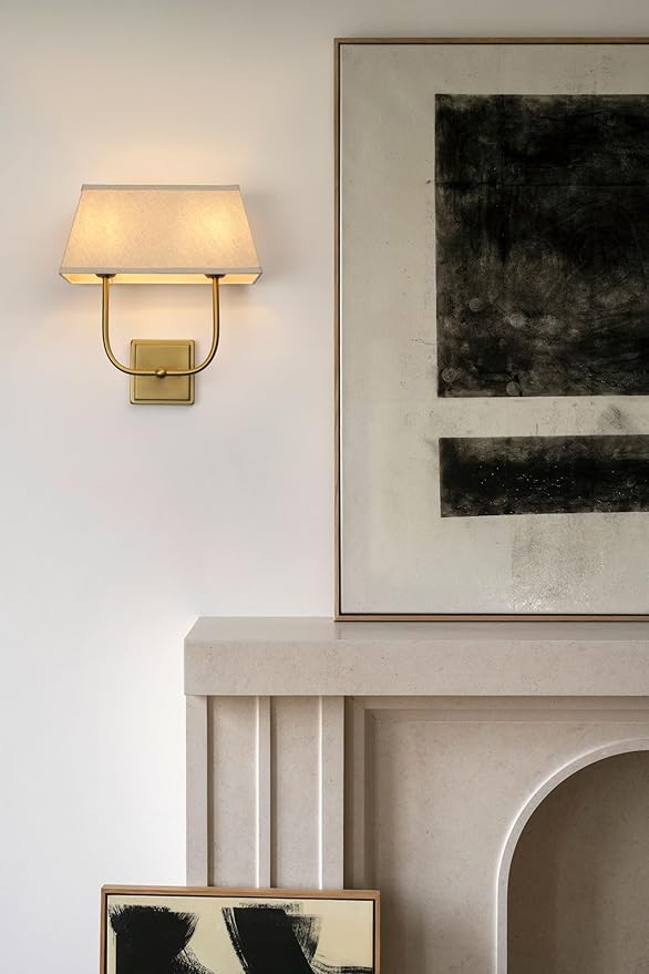 Vintage 2-Lights Wall Sconces with Linen Fabric Lampshade, Double Head Bathroom Vanity Lights Fixture in Antique Brass, Indoor Wall Lamps for Bedroom Living Room Hallway Stairway