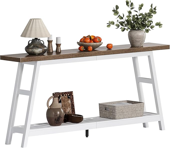 ChooChoo 70.9 Inch Long Console Tables for Entryway, Wood 2-Tier Entry Hallway Table, Narrow Sofa Table Behind Couch Table for Living Room, Entrance, White & Brown