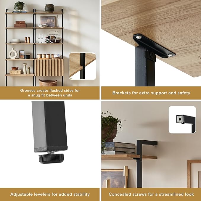 mopio Norwin 4 Piece Entertainment Center with Storage, 70" TV Stand, Industrial Modern Television Accent Cabinet, Wood Media Console Table with 5-Tier Shelf Bookcase (Oak 5-Tier Set TV Stand)