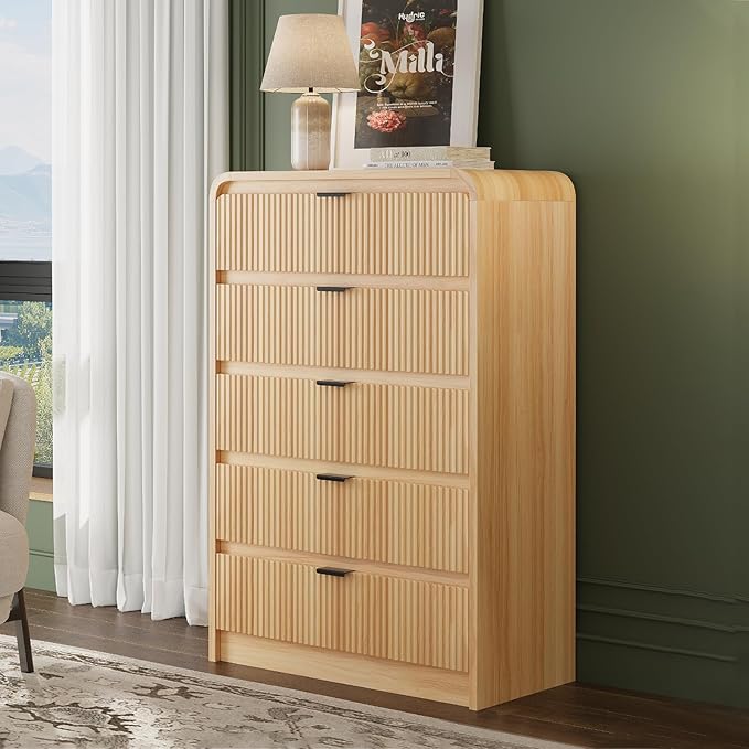 FURSUN Fluted 5 Drawers Dresser for Bedroom, 48" Tall Wooden Modern Dresser with Metal Handle, Curved Profile Design, Storage Organizer for Living Room, Hallway (Natural Oak)