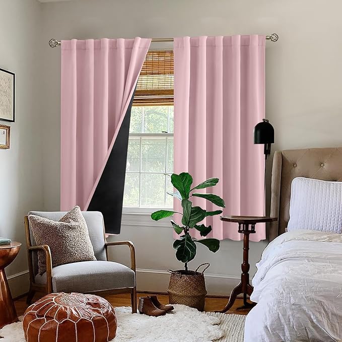 BGment Pink 100% Blackout 63 Inch Curtains 2 Panel Set with Black Liner, Rod Pocket and Back Tab Double Layer Thermal Insulation Room Darkening Light Blocking Window Curtain for Bedroom, 42 x 63 Inch