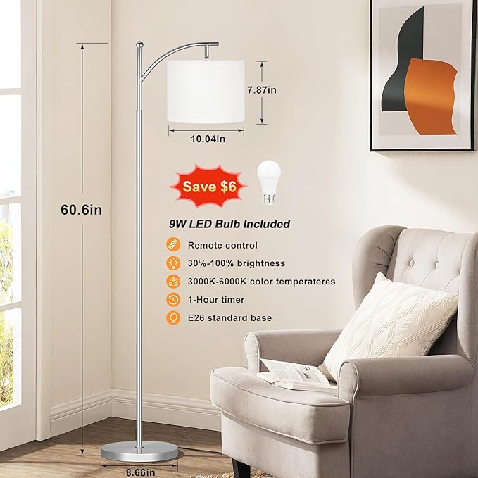 60" Floor Lamps with Remote Control & Bulb, Colors Temperature & Brightness Adjustable, White Shade & Silver Pole