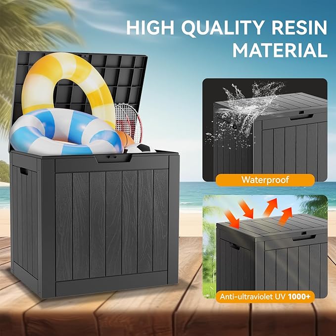 Outdoor Storage Box, 32 Gallon Deck Box Indoor Outdoor Storage Bin,Waterproof Resin Patio Storage Box for Garden Tools,Package Delivery,Pool Accessories,Sports Equipment,Patio Furniture,Lockable