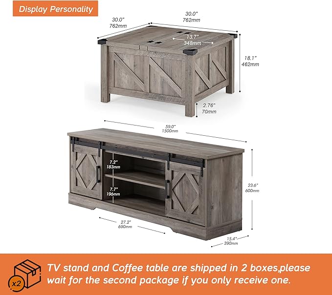 WAMPAT Farmhouse Sliding Barn Door TV Stand and Coffee Table Set of 2,Modern Storage Entertainment Center for TVs Up to 65'', Square Wood Center Table with Gas Struts Lift-Top for Living Room,Grey
