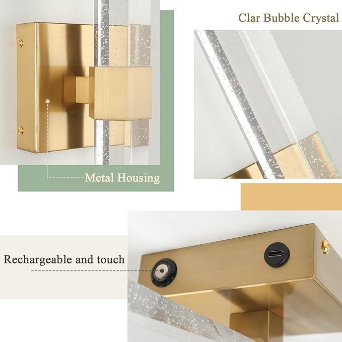 Battery Operated Crystal Wall sconces Set of 2,Rechargeable Modern Vanity Light Fixtures, 3000K-6000K Dimmable Gold LED Wireless Wall Lights for Bathroom Bedroom Living Room Hallway(2 Pack)