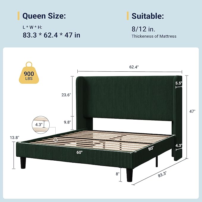 Allewie Queen Size Bed Frame with Upholstered Wingback Headboard, Vertical Channel Tufted Corduroy Velvet Platform Bed, Strong Wooden Slats Support, No Box Spring Needed, Easy Assembly, Dark Green