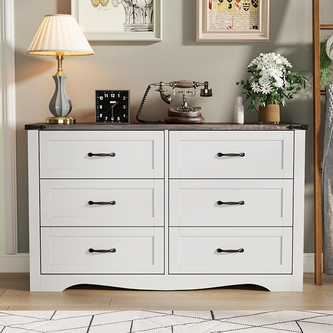 Loomie Farmhouse 6 Drawers Double Dresser for Bedroom, Modern White Dresser Chest of Drawers, Wide Dressers Organizer, Accent Storage Cabinet for Closet, Living Room, Hallway, Antique White