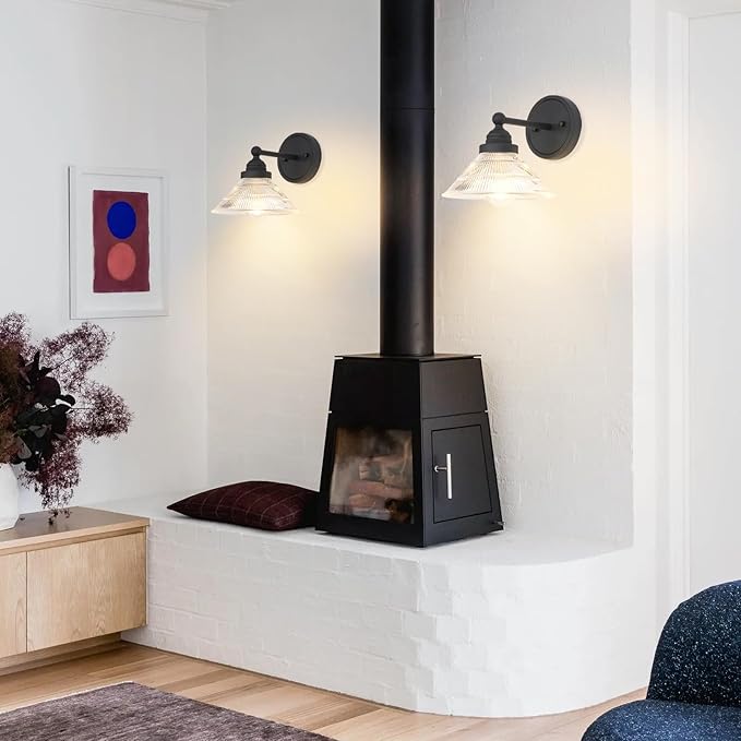 Vintage Wall Sconce 1-Light with Clear Ribbed Glass Shade, Industrial Hardwired Wall Light Fixture for Bedside Living Room Vanity Bathroom Hallway