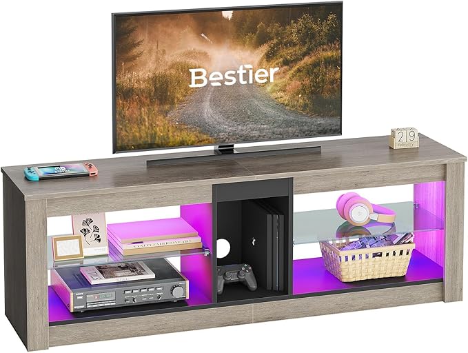 Bestier Entertainment Center LED Gaming TV Stand for 55+ Inch TV Adjustable Glass Shelves 22 Dynamic RGB Modes TV Cabinet Game Console PS4, Wash Gray