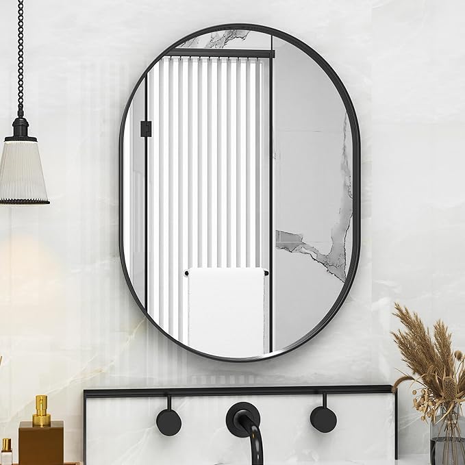 Suidia 22" x 30" Bathroom Mirror, Bathroom Vanity Mirror Metal Framed, Wall-Mounted Mirrors for Bedroom, Living Room, Entryway, Hallway, Black, Oval Style