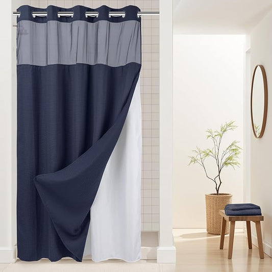 River Dream Heavyweight No Hooks Required Dotted Waffle Weave Shower Curtain with Snap in Liner -Stall 54W x 80H,Hotel Grade,Spa Like Bath Curtain,Navy