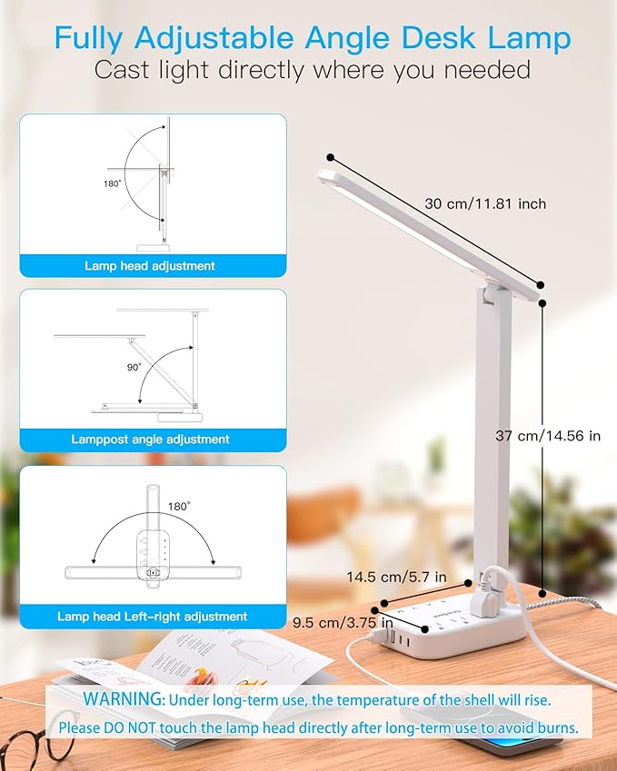 One Beat LED Small Desk Lamp Power Strip 5ft Extension Cord, 3 Outlets, 4 USB Ports(2 USB C), 4 Modes, 5 Level Touch- Home, Office, Bedroom, Bedside, Study Reading Light, Dorm Room Essentials, White