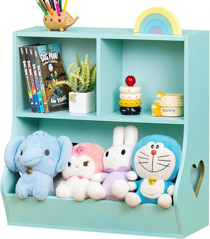 Lerliuo Baby Toddler Bookshelf and Storage Organizer, Kids Cabinet and Bookcase, Wooden 3 Cubby Children Book Shelf for Playroom, Bedroom, Nursery, School 23.62'' H (Green)