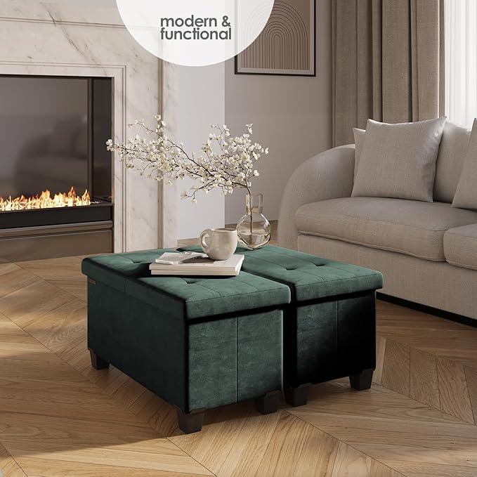 STORAGEBUD Storage Ottoman Bench with Bins, 30-in Storage Bench for Bedroom End of Bed, Folding Foot Rest Ottoman for Living Room Max 660lbs, Velvet Ottomans, Green