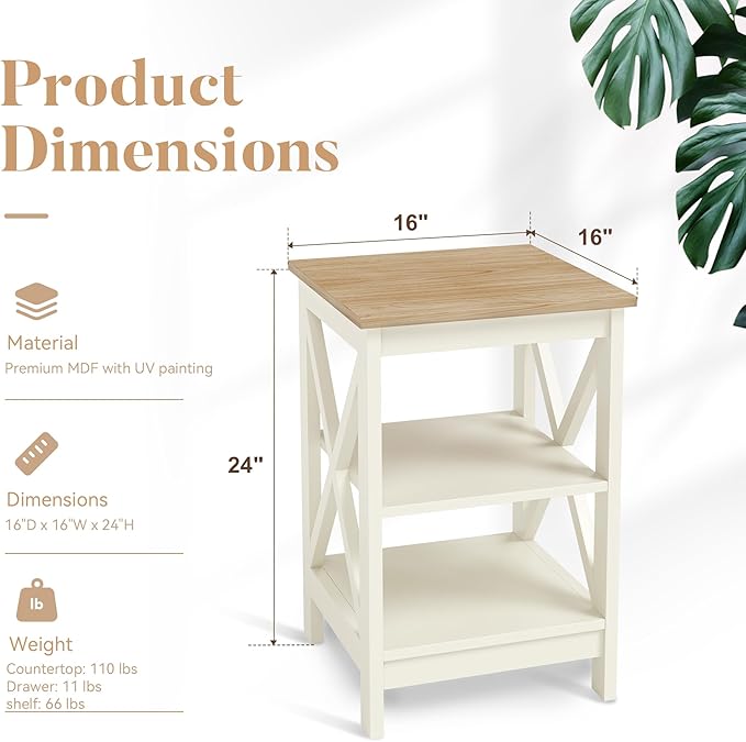 ALPHA HOME Side Table, Farmhouse End Table Set of 2, Bedside Table 3-Tier Storage Shelf for Small Spaces, Sofa Couch Table, Coffee Table, Nightstands Set for Living Room, Bed Room, Ivory
