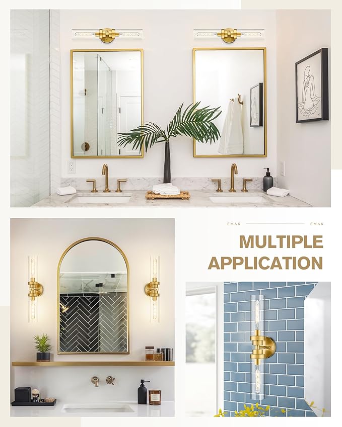 Emak 2-Light Bathroom Vanity Light Fixtures, Modern 22 Inch Brushed Gold Vanity Lights with Clear Glass Shade, Cylinder Wall Sconces for Bathroom, Bedroom, Hallway, VL085-BGD-2
