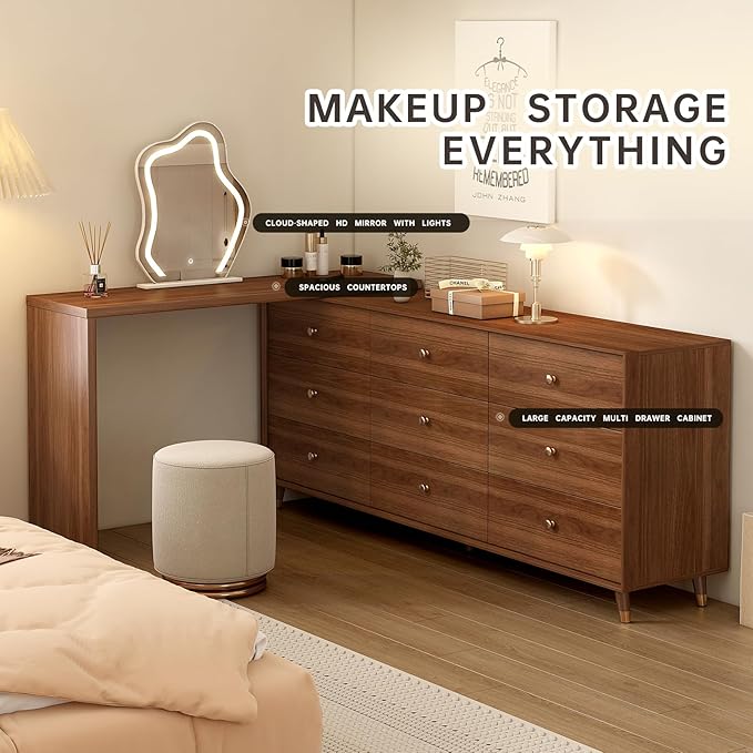 Makeup Vanity Desk with Cloud HD Lighted Mirror, 70-110in Extendable Modern Vanity Table, 6-Drawer Solid Wood Frame Storage Cabinet, Dressing Table for Bedroom, Brown