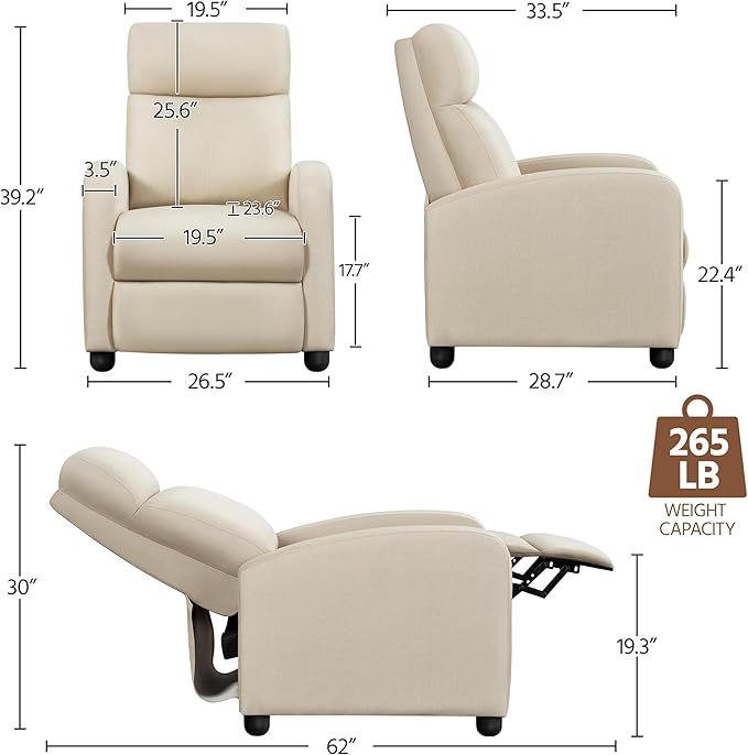 Yaheetech Modern Fabric Recliner Chair Sofa Adjustable Single Sofa with Thicker Seat Cushion and Backrest for Living Room Home Theater, Beige