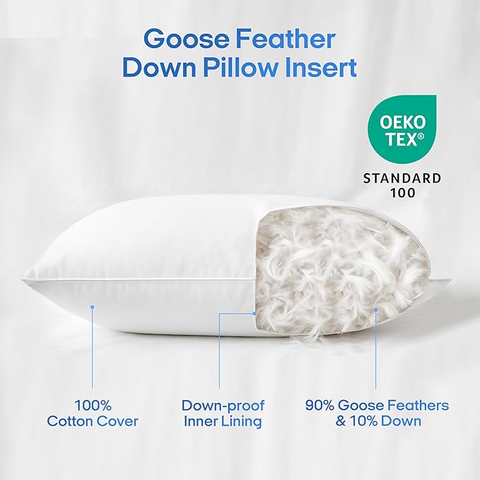 puredown® Cooling Goose Feather Down Pillow, Set of 1, Queen Size Bed Pillow Insert with Soft Cooling Pillowcase for Cool Sleep