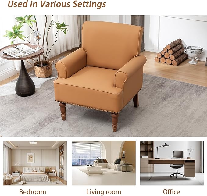 Accent Chair, Faux Leather Living Room Chairs with Nailhead Trim, Mid-Century Lounge Armchair with Solid Wood Legs, Comfy Reading Single Sofa for Bedroom, Waiting Room (Orange, 1 Chair)