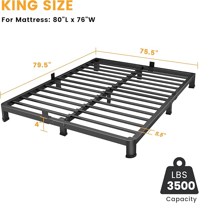4 Inch King Bed Frame Low Profile, Heavy Duty Metal Platform Bed Frame with Round Corner Legs, Sturdy Mattress Foundation, No Box Spring Needed, Easy Assembly, Noise Free, Black