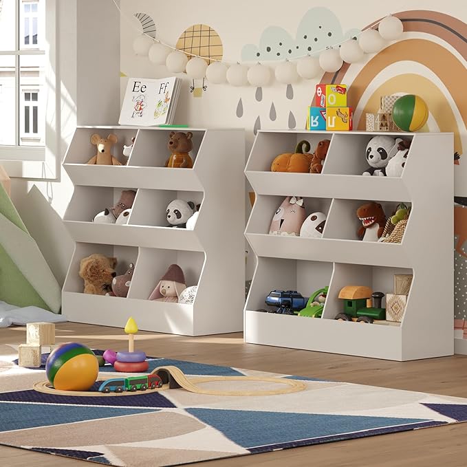 DINZI LVJ Toy Storage Organizer, Kids Bookshelf, Wooden Toy Storage Cabinet, 6 Cubby Children Bookcase, 35.4" L Toddler Book Shelf for Playroom, Living Room, Nursery, Hallway, School, White