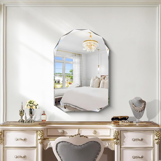KOCUUY 24"x36" Frameless Mirror, Arched Shape with Diamond-Shaped Beveled Edge,Unframed Decorative with Upgraded Shatterproof Glass,Unique Frameless Mirror for Bathroom,Living Room,Bedroom