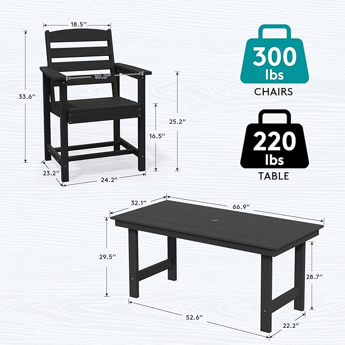 SERWALL Patio Dining Table Sets 5-Piece, Outdoor HDPE Dining Furniture Set with Umbrella Hole Cut-Out Table and 4 Chairs, All Weather Dining Set for Lawn, Garden, Backyard, Poolside, Black
